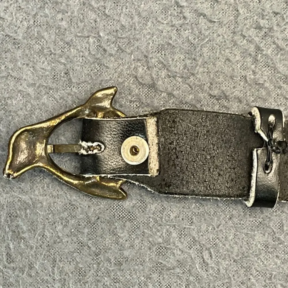 Black Genuine Leather Belt Flipper Dolphin Brass Buckle 32.5” - 35.5”